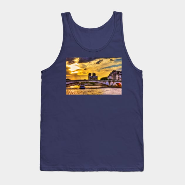 The River Seine Sunset And Notre Dame Cathedral In Paris, France Tank Top by tommysphotos